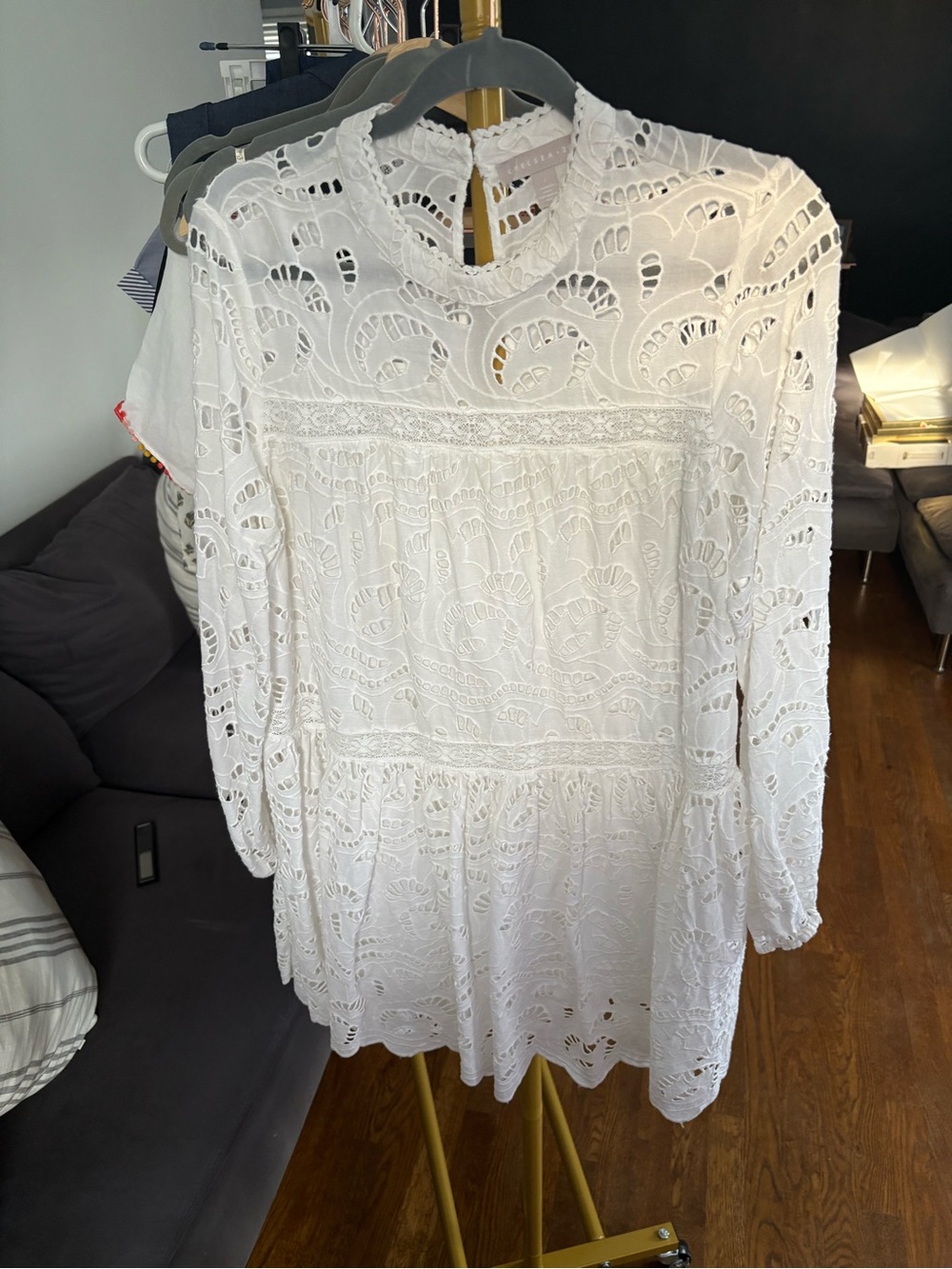 White Eyelet Lace Long-Sleeve Tunic Dress